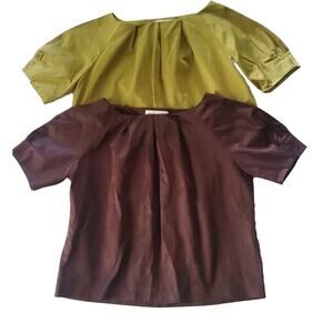2 Michael by Michael Kors Med Short Sleeve Pleated Satiny Tops Green & Brown